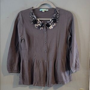 Boden Silk Gray Cardigan with‎ Floral Sequin Embellishments Size 10